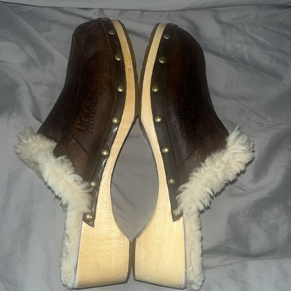 UGG Kalee Clogs Women’s 8 Brown Bomber Leather Sherpa Lined - Picture 8 of 15